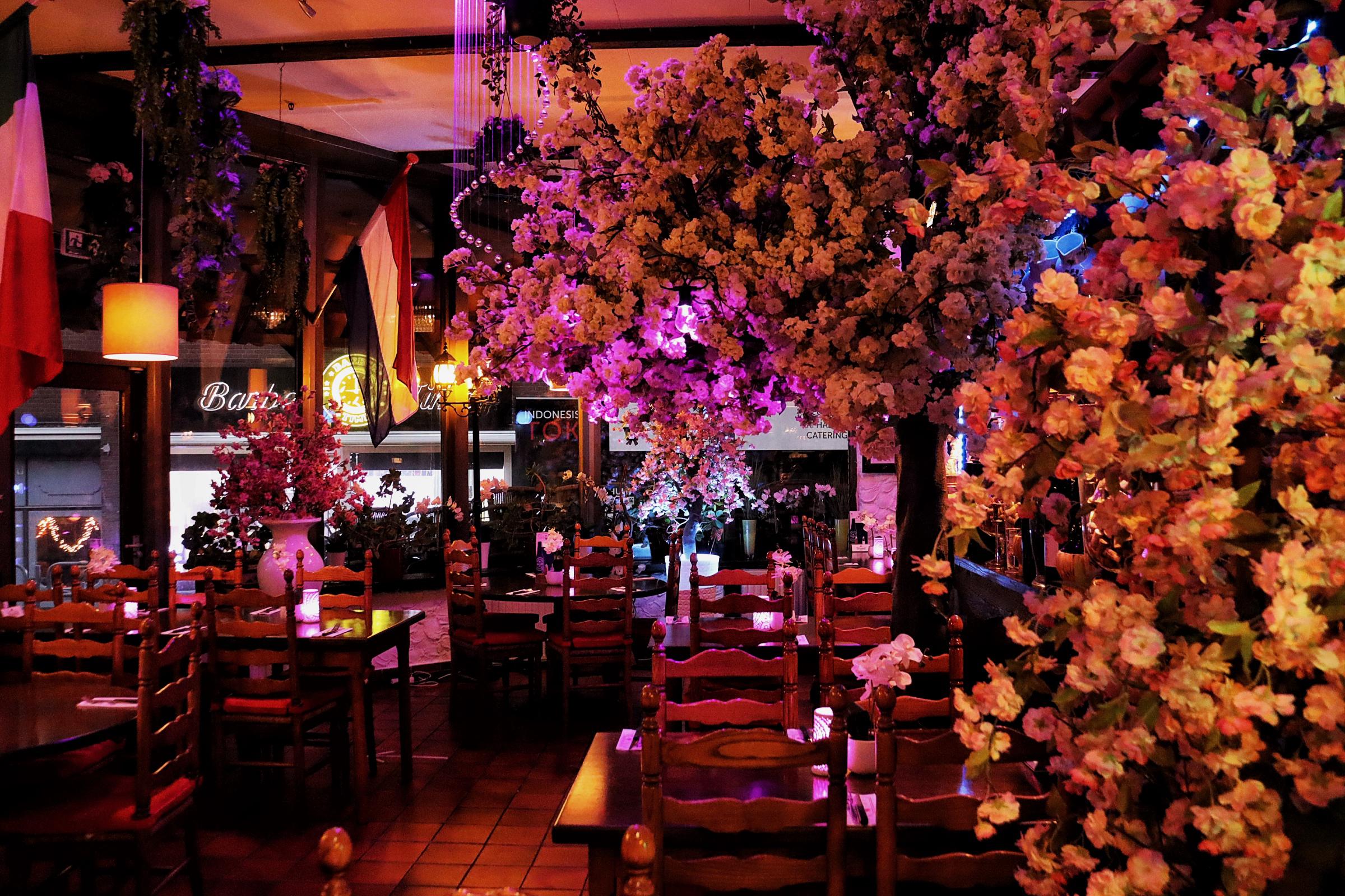 Restaurant Romagna Zoetermeer hoofdzaal - Spectaculaire bloesembomen aan plafond met warme Italiaanse sfeer